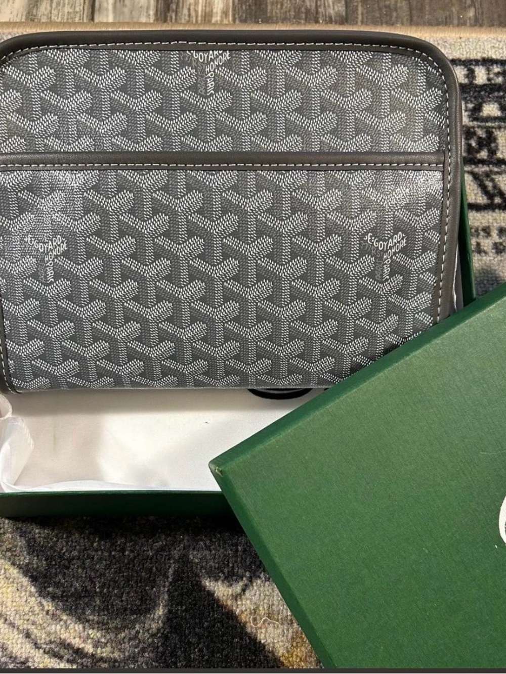 Goyard Gray Toiletry Pouch with Signature Chevron Pattern